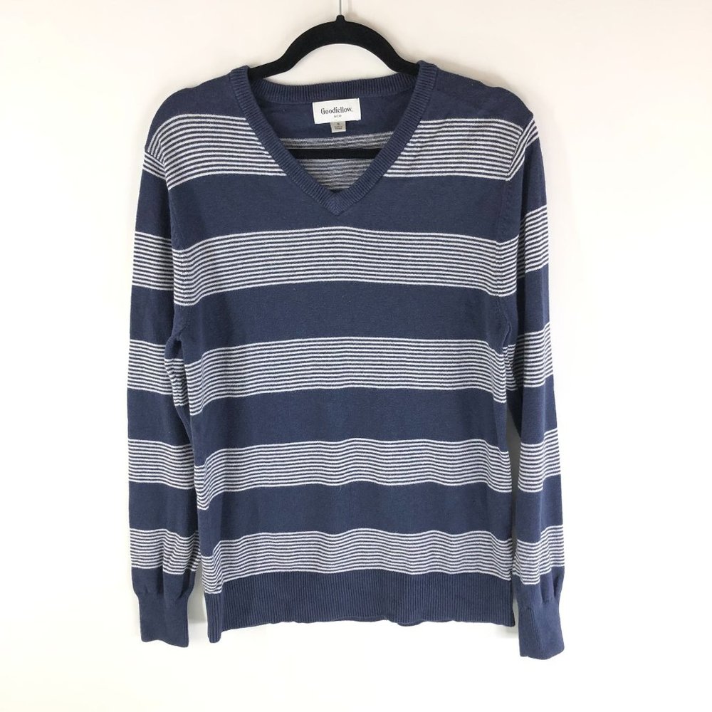 Goodfellow Mens Sweater Cotton Blend V Neck Blue White S